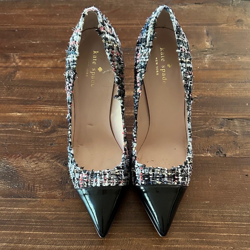 Kate Spade Black Patent and Multicolor Tweed Heels